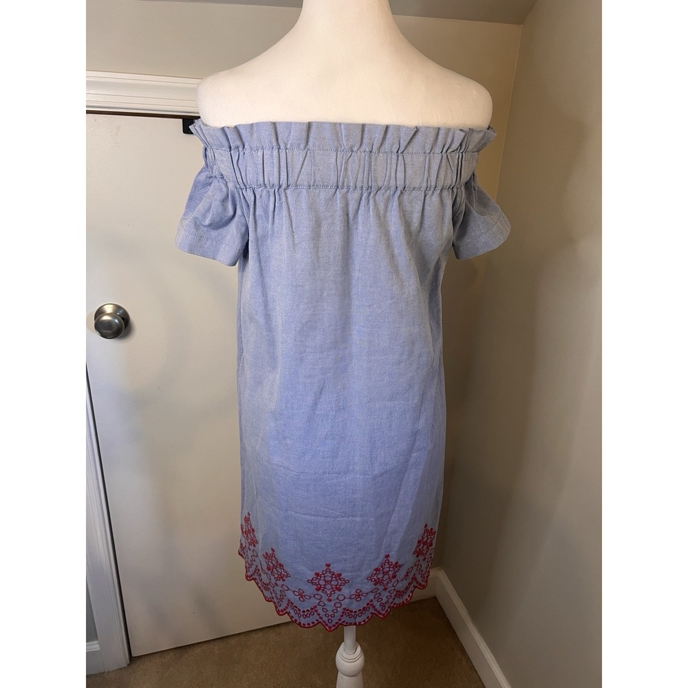 Vineyard Vines Dress Off Shoulder Red Embroidered Oxford Preppy Small Cotton - Picture 7 of 10
